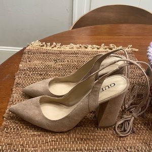 nude suede Guess chunky heels